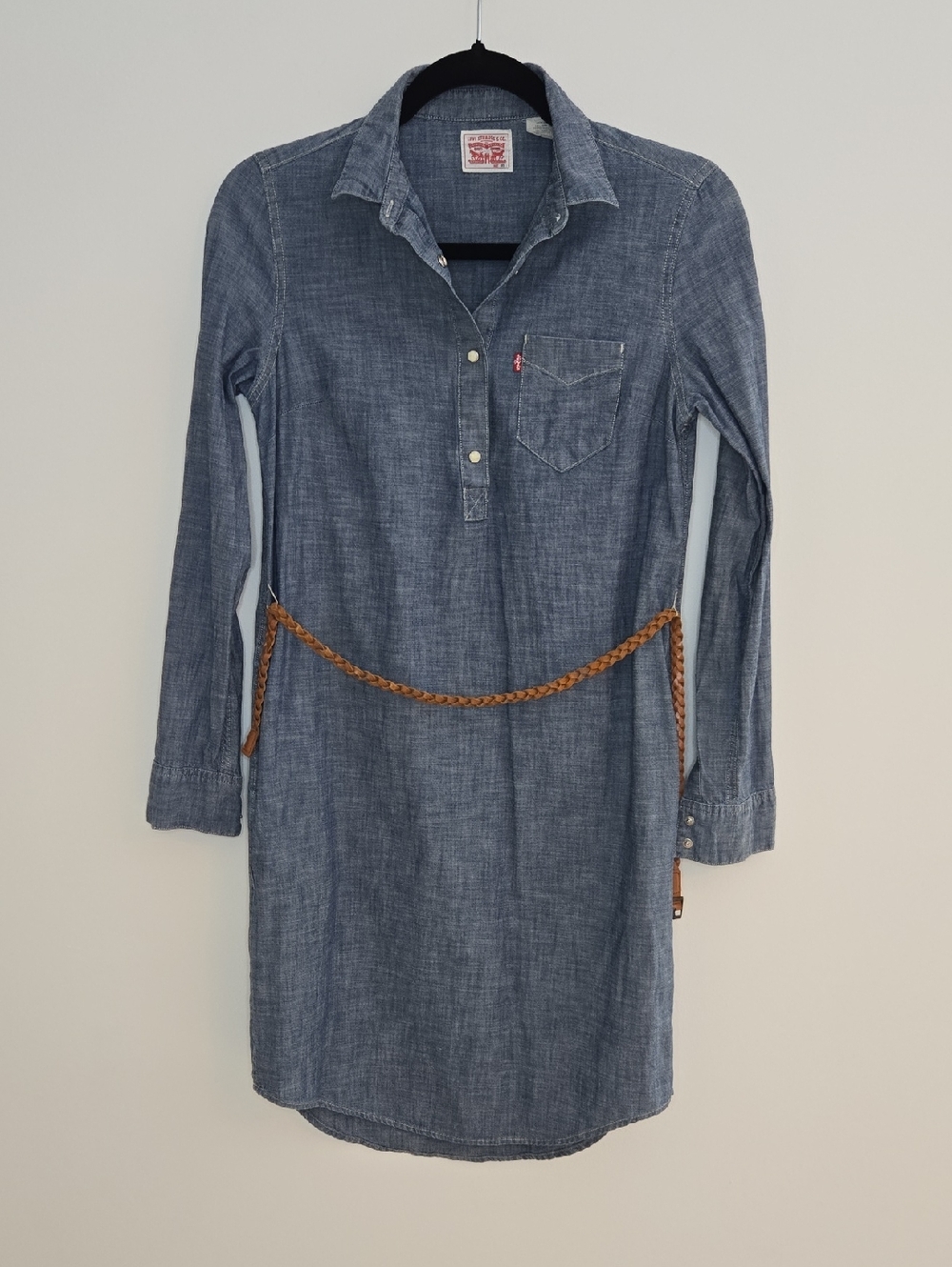 Levi's Blue Chambray Shirt Dress with Braided Brown Belt